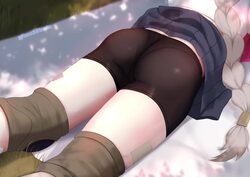 1girl animated ass ass focus bike shorts black shorts blue archive blue skirt bouncing ass braid clothes lift commentar…