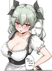 1girl anchovy (girls und panzer) apron black dress black ribbon blush bra strap breasts brown eyes cleavage collarbone …