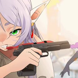 2girls animated aura (sousou no frieren) aura bullying (meme) black gloves blurry blurry background brushing teeth bull…