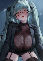 1girl absurdres aqua hair black bra black garter straps black skirt black thighhighs blush bra breasts cleavage droolin…