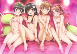 4girls  d  p absurdres barefoot bikini black hair blush bow breasts brown eyes brown hair collarbone comiket 107 couch …