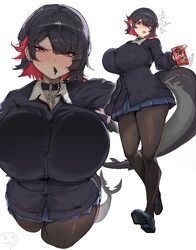 1girl absurdres alternate breast size (larger) black cardigan black choker black hair black shoes blue skirt blush brea…
