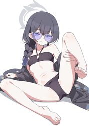 1girl barefoot bikini black bikini black hair blue-tinted eyewear blue archive braid braided ponytail butterfly hair or…