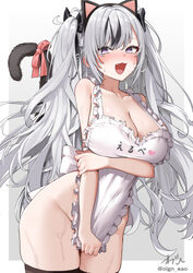 1girl animal ears apron apron tug arm support arm under breasts azur lane bare shoulders black bow black hair blue eyes…