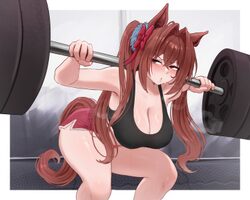 1girl alternate costume animal ears bare shoulders bent over black sports bra blush breasts breath brikot brown eyes br…