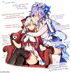 2girls absurdres ahoge anger vein artist name black boots black gloves blue flower blue hair boots bow breasts cantarel…