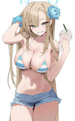 1girl absurdres adjusting hair asuna (blue archive) bikini blonde hair blue archive blue bikini blue eyes blue flower b…