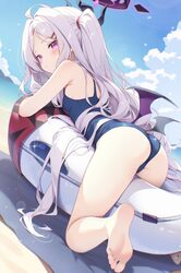 1girl absurdres ass barefoot black horns blue archive blue one-piece swimsuit blush breasts chaoji da yuwan closed mout…