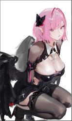 1girl black bow black dress black shoes black thighhighs black wings bow breasts cleavage commentary dress far side gar…
