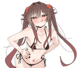 1girl absurdres bikini black bikini black nails blush breasts brown hair commentary request cowboy shot flower genshin …