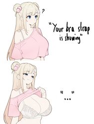 ... 1girl 2koma ? absurdres artist request blonde hair blondedaze blue eyes bra bra strap breasts cleavage closed mouth…