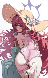 1girl ass blue archive blush commentary request feet flower food from behind haine (artist) halo hat hat flower highres…