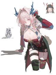 3girls arknights arknights  endfield black hair black skirt blue horns breasts cleavage cropped legs dragon horns finge…