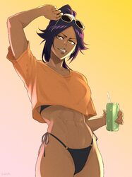 1girl abs absurdres arm up bikini bikini top peek black bikini bleach breasts can collarbone commentary cover bikini gi…