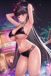 1girl aillatoste alternate costume armpits bikini black bikini black hair black halo blue archive blunt bangs blush bre…