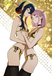 2girls absurdres arched bangs bare shoulders belly-to-belly bikini black choker black hair black thighhighs blush brown…