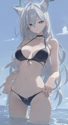 1girl absurdres ahoge alternate costume animal ear fluff animal ears bare arms bare shoulders beach bikini bikini tug b…