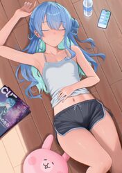 1girl absurdres armpits blue hair bottle breasts camisole closed eyes commentary diptip dolphin shorts english commenta…