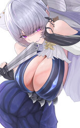 1girl 2days wotori absurdres ascot bare shoulders blue dress blush breasts cleavage clothing cutout commentary covered …