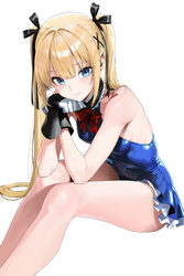 1girl bare shoulders black gloves black ribbon blonde hair blue eyes blue one-piece swimsuit breasts chinese commentary…