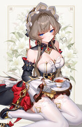 1girl bare shoulders black sleeves blue eyes bonnet breasts brown hair chinese commentary commentary request cup detach…