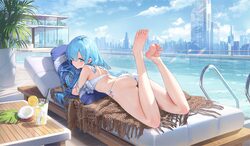 1girl absurdres artist request ass azur lane barefoot bikini blue eyes blue hair blush breasts day eyes visible through…