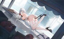 1girl a2 (fruit of temptation) (azur lane) a2 (nier automata) absurdres apple ass azur lane baguette bitten apple black…