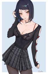 1girl absurdres alternate costume arm at side artist name black hair black shirt blue background border bow bra strap b…