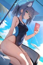 1girl absurdres animal ear fluff animal ears beach beach umbrella blue archive blue eyes blue sky breasts commentary co…