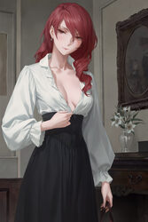 1girl black skirt blush breasts brown eyes collarbone commentary earrings frilled sleeves frills head tilt high-waist s…