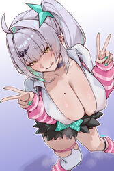 1girl absurdres ahoge arm warmers breasts commentary request cosplay double v e.c.ho hair ornament highres large breast…