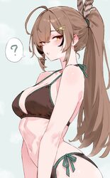 1girl ? absurdres ahoge aqua background bikini bluefield blush breasts brown bikini brown hair cleavage commentary feat…