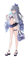 1girl absurdres alternate costume bag bikini black choker black sandals breasts choker closed mouth commentary crossed …