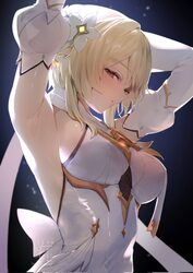 1girl armpit focus armpits arms up black background blonde hair bow breasts brown eyes commentary request detached slee…