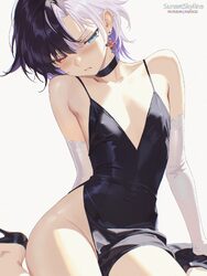 1girl artist name bare shoulders black choker black dress black hair black shoes blue eyes blush choker commentary cove…