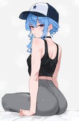 1girl absurdres alternate costume ass bare arms baseball cap black choker black tank top blue eyes blue hair blue hat b…