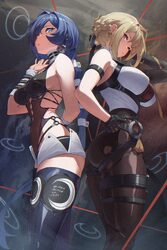 2girls absurdres arm strap arm up ass back-to-back black gloves black pants black thighhighs blonde hair blue hair boot…