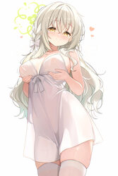 1girl absurdres babydoll blue archive blush braid breasts brown hair closed mouth collarbone commentary covered nipples…