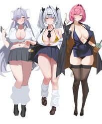 3girls absurdres ahoge alt text alternate costume black jacket blush breasts cleavage dress english commentary full bod…