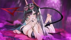 1girl azur lane barefoot bikini black bikini black hair breast press breasts cleavage earrings fang game asset goetz vo…