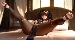 1girl absurdres bed bedroom black hair black nails black pantyhose blunt bangs book book stack bookshelf breasts canopy…