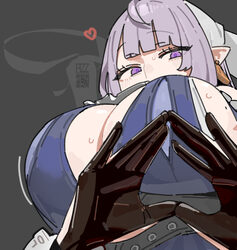 1girl ahoge azz0422 blunt bangs blush breasts commentary earrings english commentary from below jewelry large breasts l…