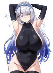 1girl armpits arms up black leotard black sleeves black thighhighs blue hairband breasts closed mouth collarbone colore…