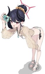 1girl  d ankle bikini black hair black horns blue archive breasts camera chiaki (blue archive) chiaki (swimsuit) (blue …