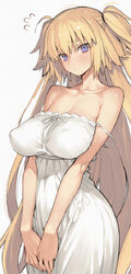 1girl absurdres ahoge bare shoulders blonde hair blue eyes blush breasts cleavage commentary covered nipples dress fate…