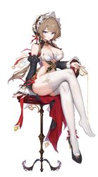 1girl absurdres adapted costume armpit crease bare shoulders black shoes blue eyes breasts brown hair cleavage closed m…