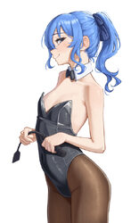 1girl absurdres bare arms bare shoulders black bow black bowtie black leotard black pantyhose blue eyes blue hair bow b…