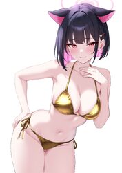 1girl animal ears bare arms bikini black hair blue archive blush breasts cat ears cat girl cleavage closed mouth collar…