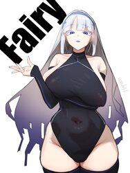 1girl absurdres arm under breasts black leotard black thighhighs blue eyes blue lips blue nails breasts character name …