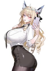 1girl alternate breast size (larger) alternate costume ass black necktie black skirt blonde hair blue eyes blunt bangs …